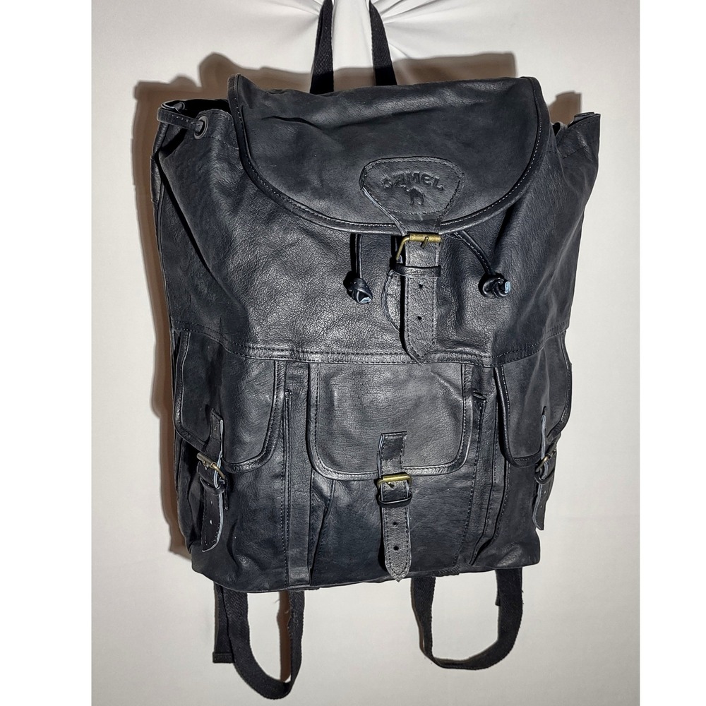 Camel Vintage Black Backpack Rucksack Multi Pocket Drawstring Bag